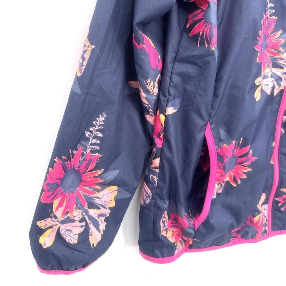 Columbia Girls Jacket XL 18/20 Navy Blue Floral Windbreaker Full Zip Reversible